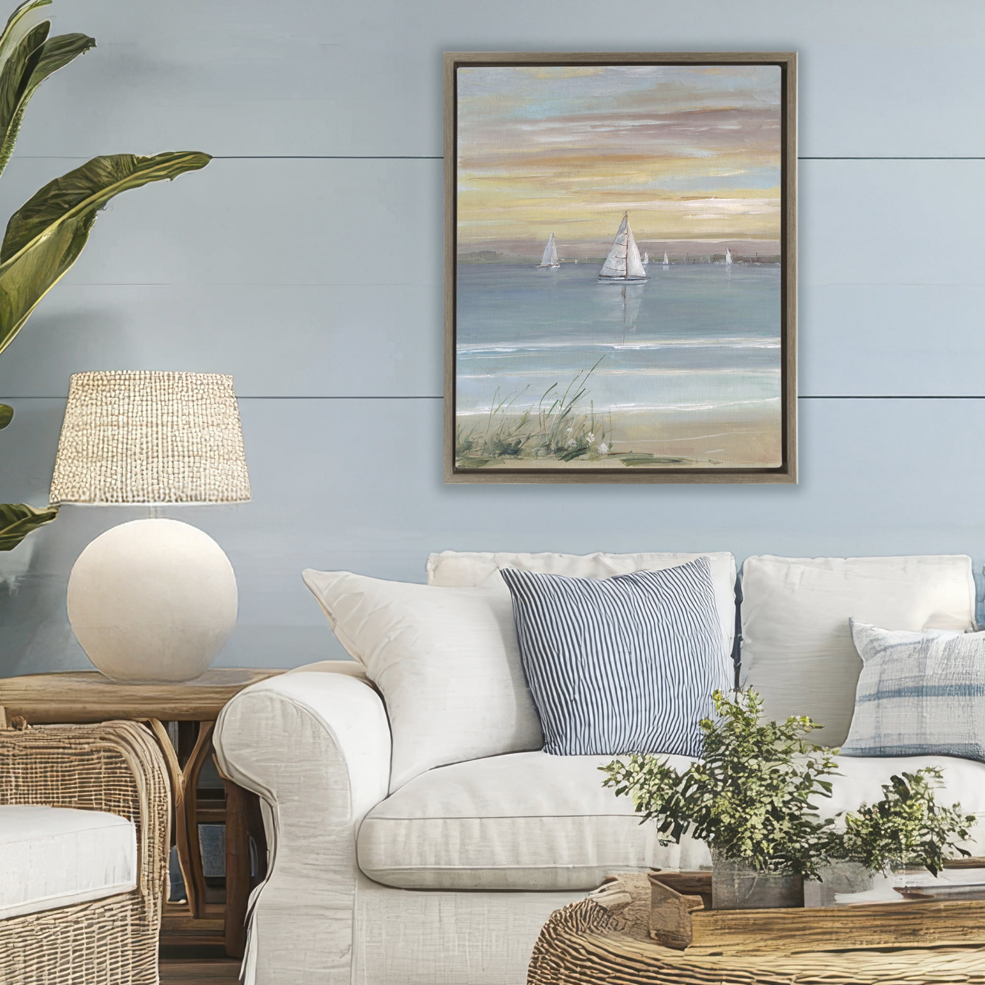 Stupell Industries Coastal Sailboats At Twilight Brown Framed Floater Canvas Wall Art, design by Sally Swatland