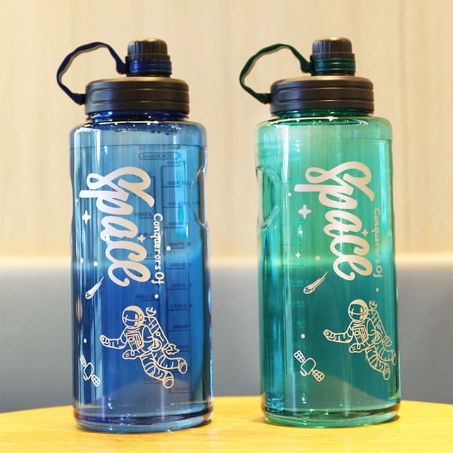 Botella de agua grande de 1100 ml con pajita y asa - Vaso deportivo de plástico impermeable para exteriores, gimnasio, viajes - 37oz, azul/verde