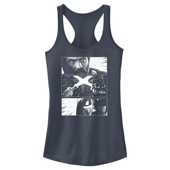 Junior's Star Wars: Obi-Wan Kenobi Darth Vader vs Kenobi Grayscale Battle Panels Racerback Tank Top Indigo X Small