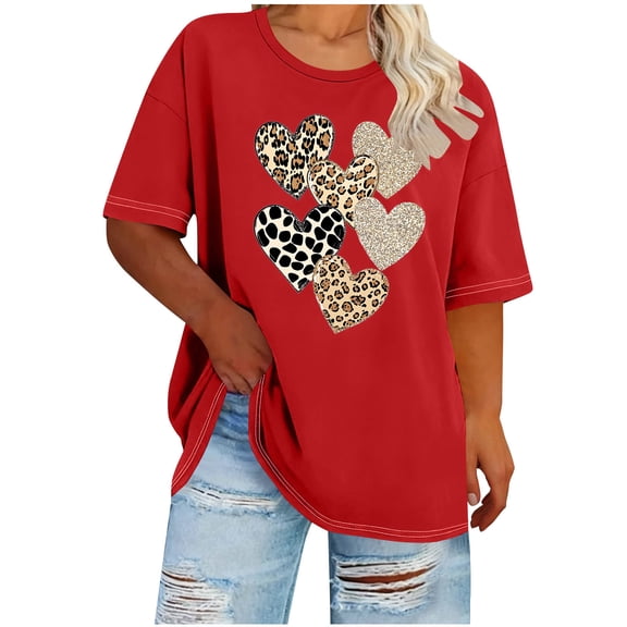 Staron Plus Size T-Shirts for Women Casual Heart Print Round Neck Short Sleeve Loose Comfy Spring Summer Basic Tee, Red 4XL