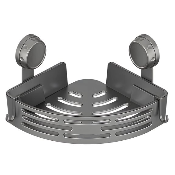 Gunmetal Gray Suction Cup Corner Shower Shelf - No-Drill Bathroom Caddy 11.6" Wide with Hooks, Space-Saving Wall Organizer for Shampoo, Soap & Loofahs