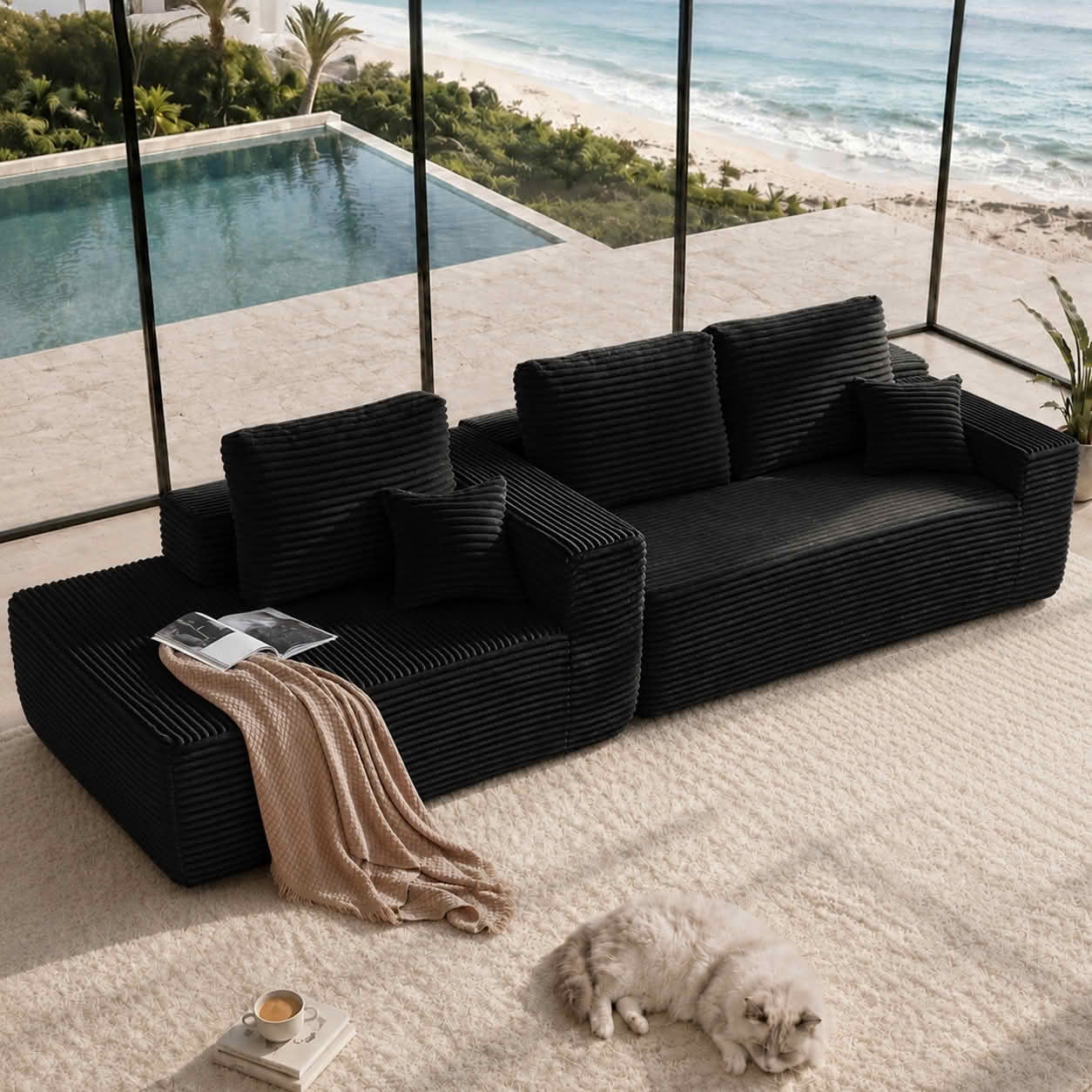 MAYEERTY 104 Inch Black Cloud Sectional Sofa, L-Shaped Left-Facing Modular Plush Corduroy Couch with Side Pockets, 3-Seater Deep Seating Sofa No Assembly Required for Living Room Bedroom