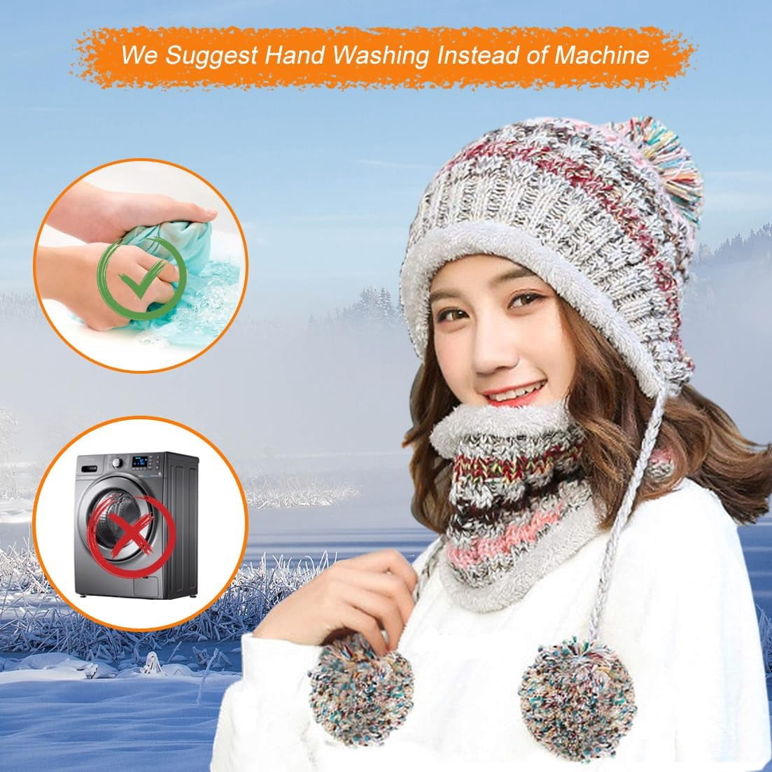 Zhengup Women Winter Beanie Hat Circle Scarf Set Pompoms Peruvian Ski Snow Ear Flaps Sherpa Knit Hats Fleece Lined,S to M Size Head