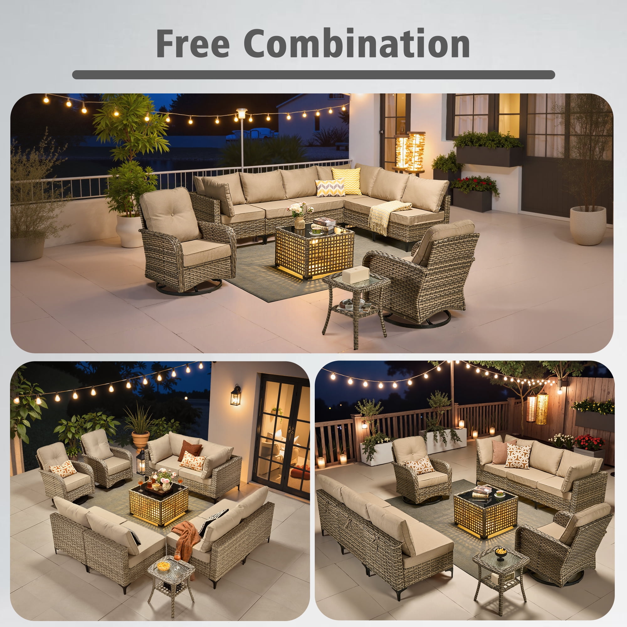 Ovios 10 Pieces Outdoor Patio Furniture All-Weather Wicker Sectional Conversation Set with Swivel Chairs & Solar Coffee Table, Beige