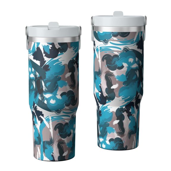Camouflage 30oz Handheld Travel Tumbler with Handle – Double Wall Stainless Steel Insulated Cup, Flip Straw Lid, Leak-Proof & BPA-Free for Hot and Cold Drinks – Durable Coffee & Juice Mug White