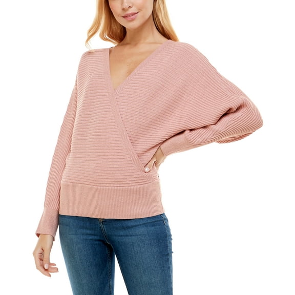 No Comment Juniors’ Dolman-Sleeve V-Back Lurex Surplice Sweater, Bridal Rose, Medium
