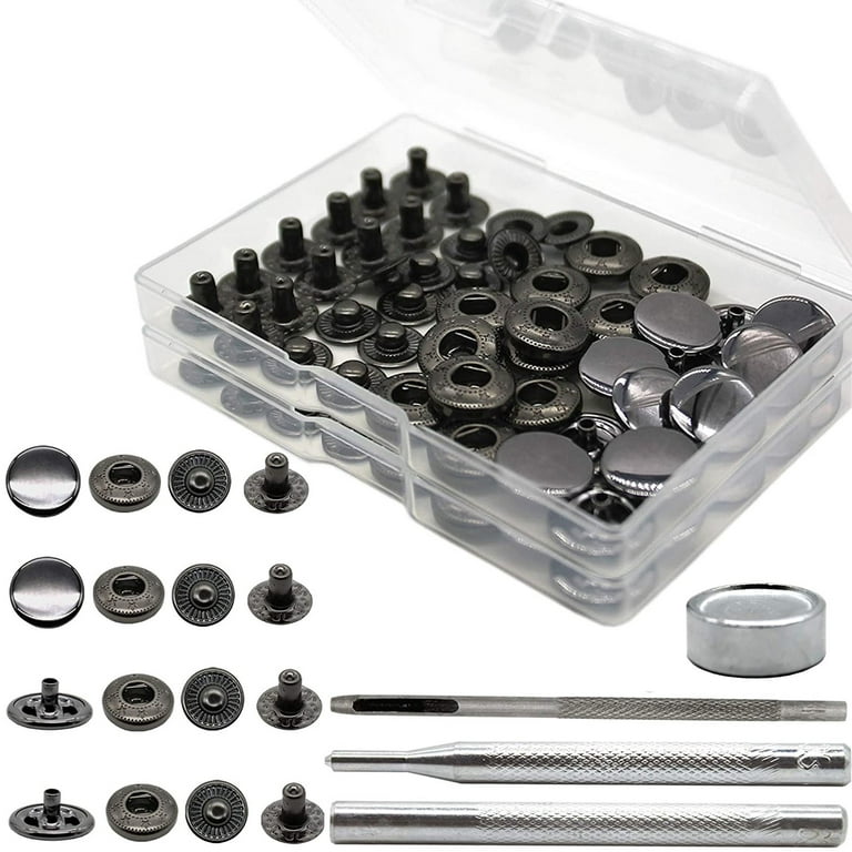 Keismodye 24 Sets Snap Fasteners Kit, Heavy Duty 15mm Metal Snaps Buttons, Leather  Snaps and Sewing Crafts, Press Studs with 4 Install Tools for Shoes,  Clothing, Jeans, Denim Jackets, Bags (Black) 