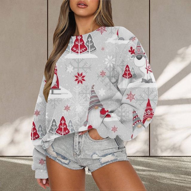 Chandail à Capuchon Mode Femme Décontracté Manches Longues Col Rond Imprimé Chandail en Molleton Dames Hauts Blouse Chandails en Molleton Femme en Liquidation