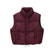 HTIGEA Cropped Puffer Vest for Women Sleeveless Zip Up Stand Collar Gilet Lightweight Fall Winter Padded Jackets with Pockets Wine M