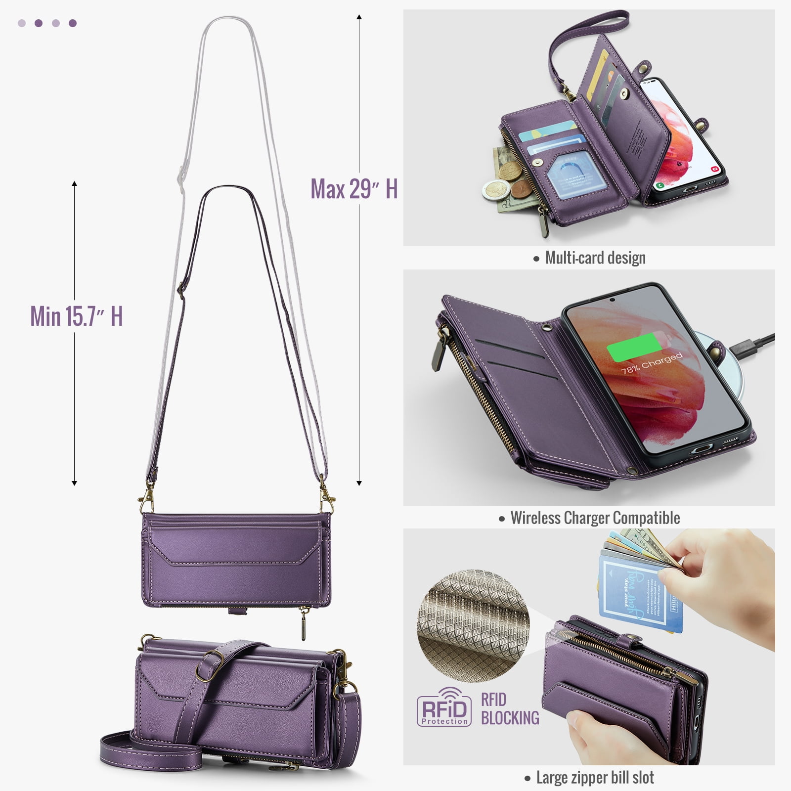Asuwish Compatible with Samsung Galaxy S21 5G 6.2 inch Zipper Wallet Phone Case Tempered Glass Screen Protector Crossbody Lanyard Strap Flip Card Holder Slot Cell Cover for S 21 21S G5 Women Purple