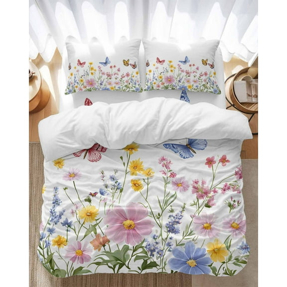 Pink Blue Yellow Floral Bedding Duvet Cover Set Full Size 4 Pieces Butterfly Wildflower Watercolor Plant Bedding Set with Zipper Closure, 1 Comforter Cover 86x86 Inches 1 Flat Sheet & 2 Pillow Cases