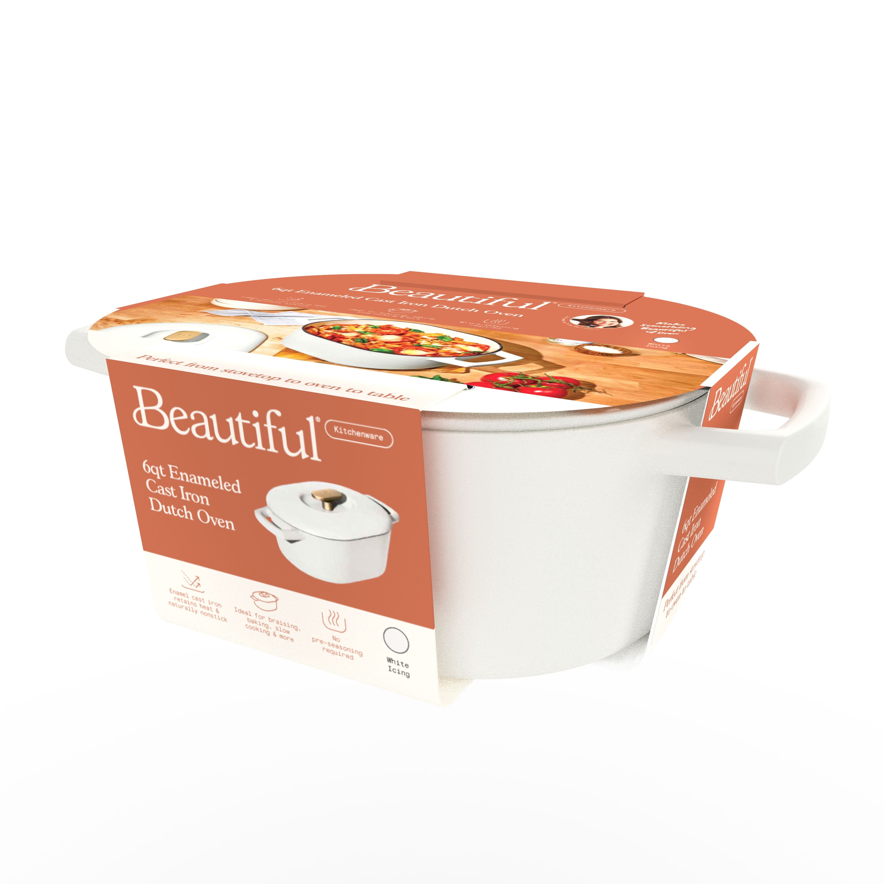 Beautiful 6 Quart Enamel Dutch Oven, White Icing by Drew Barrymore