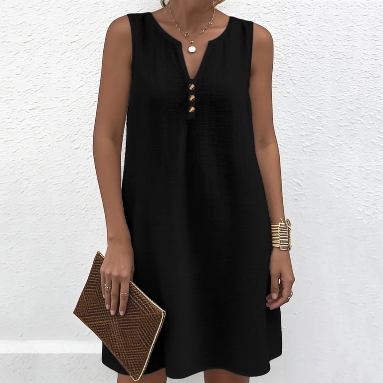 Uscallm Women Plus Size V Neck Sleeveless Flowy Mini Dresses Casual Boho  Beach Vacation A-Line Sundress Outfits, Black S - Walmart.com