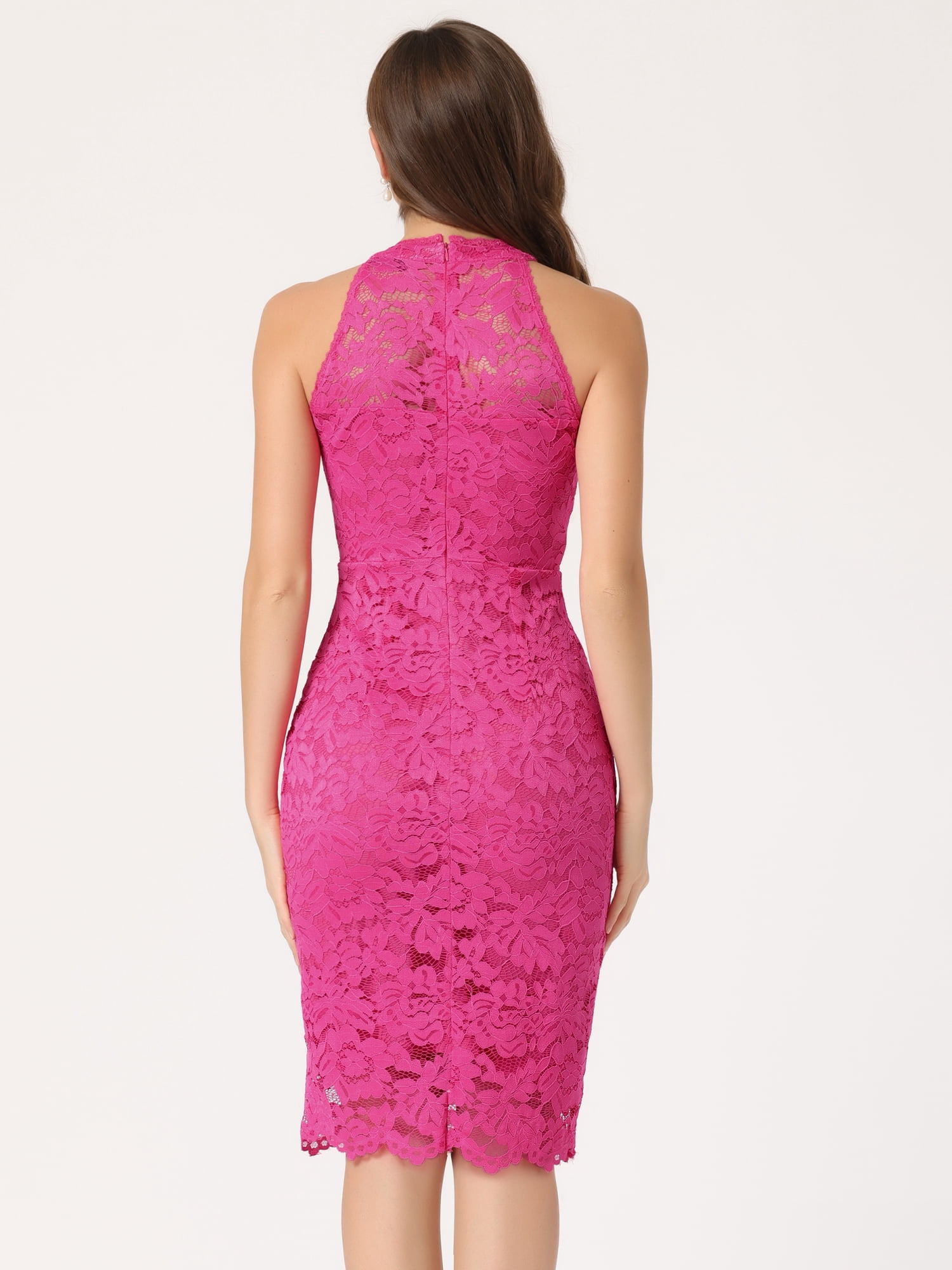 DARING DIVA Lace Halter Neck Sleeveless Bodycon Cocktail Sheath Dress M Hot Pink