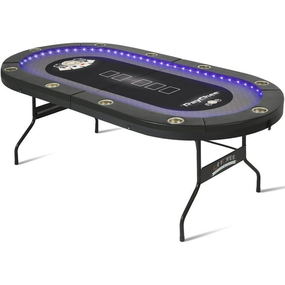 RayChee 84 inch Poker Table Foldable, 10 Player Folding Texas Holdem Table w/Inlaid LED Light, 2 USB & 2 Type-c Ports, Portable Blackjac for Texas Card Game w/Cup Holders and Padded Rails(Black)