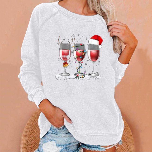 Nouveaux Hauts pour Femmes 2023 Manches Longues Col Rond Hauts Chemises Amples Imprimé de Noël Blouse Graphique Coupe Décontractée Chandail en Molleton Oversize pour Femmes