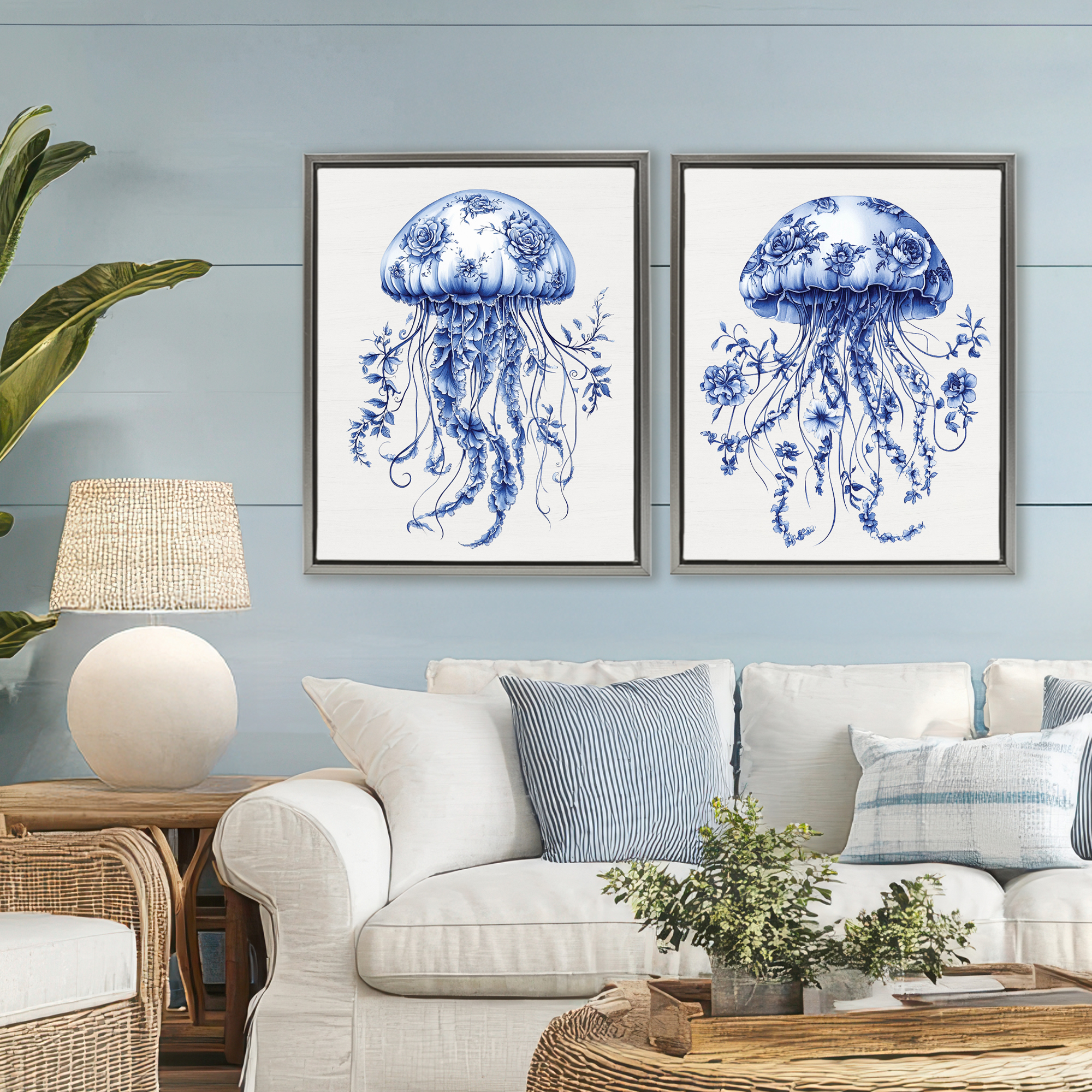 Funky Florals Toile Jellyfish 2 Piece Gray Framed Floater Canvas Set, design by Lettered and Lined