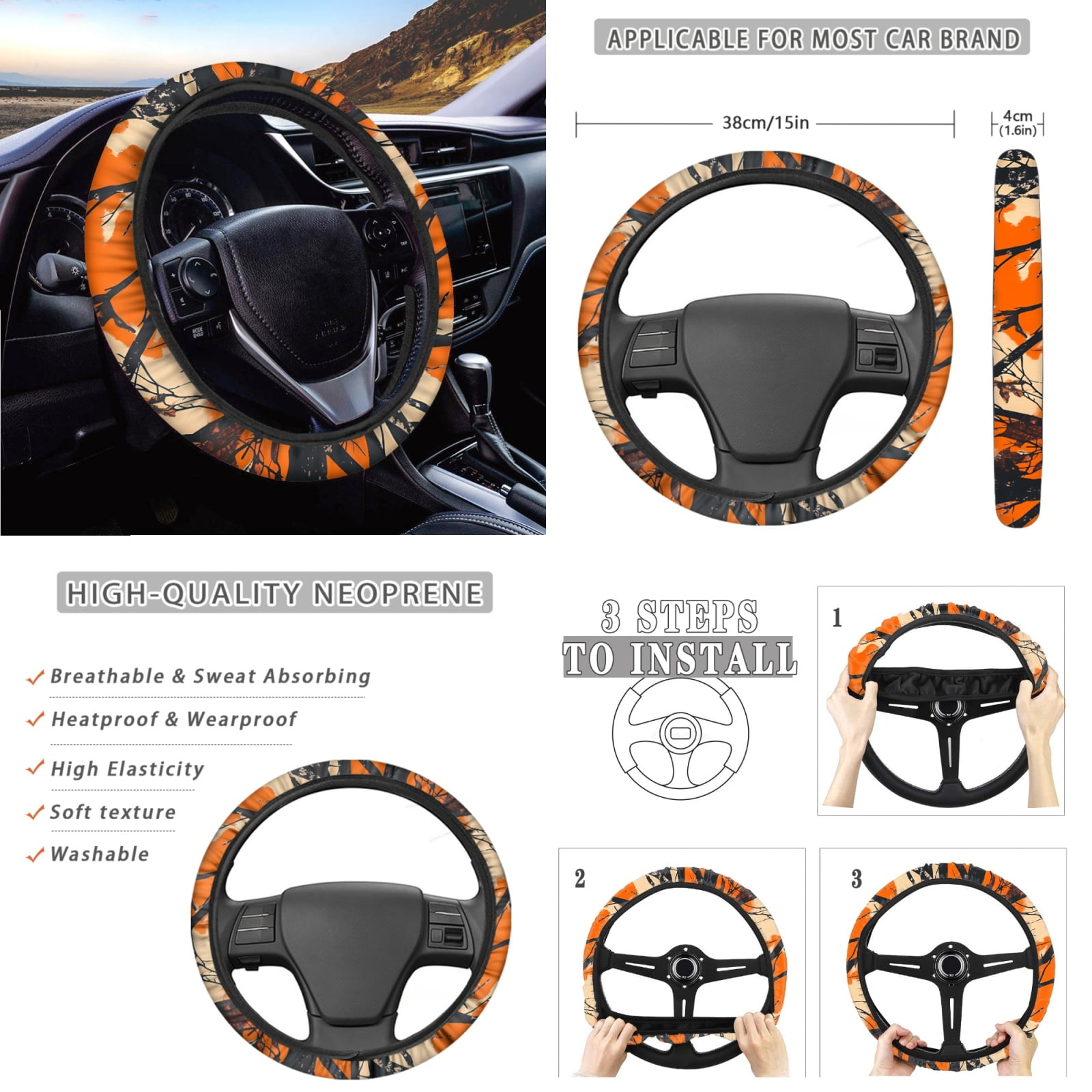 Yuyamidu Camo Hunting Car Seat Covers Full Set of 14 Orange Wood Steering Wheel Cover Seat Belt Pad Cover Waste Bin Rear View Mirror Cover Coasters Armrest Cover Handbrake Cover Set Car Decor