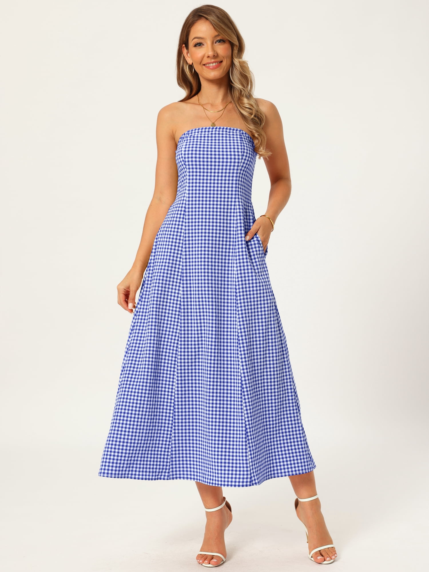 DARING DIVA Women's Gingham Strapless Maxi Summer Casual Sundress XL Blue