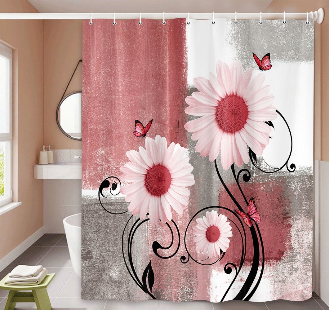 Rustic Farmhouse Shower Curtain Set | Red & Pink Daisy Floral with Butterflies, Waterproof Fabric & 12 Hooks, 60x70 Inches