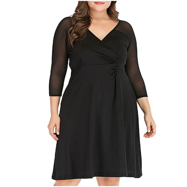 Plus Size Dresses for Women V Neck Solid Color Mesh Splicing Party Dress  Casual Fall A Line Swing Knee Length Dress 