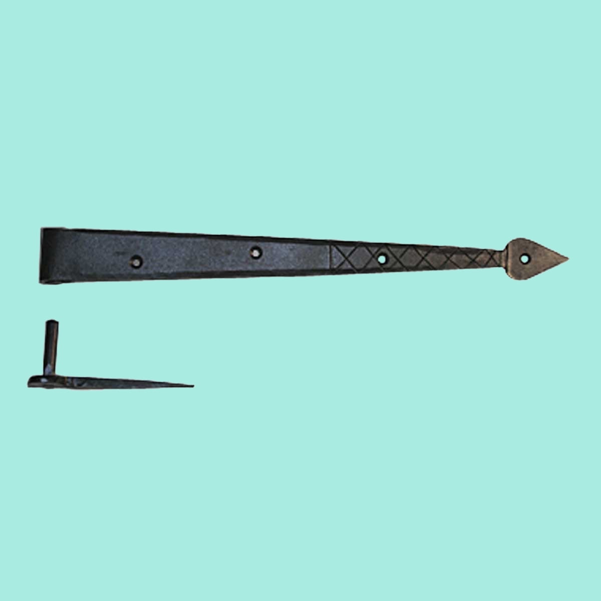 Renovators Supply Black Wrought Iron Lift Off Pintle Strap Hinge 14 in Spear tip Heart Diamond Etch Pintle Strap Gate and Door Hinges w/Hardware