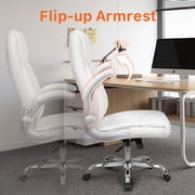 NEO CHAIR Executive Office Chair, Ergonomic High back Cushioned, Wide White Leather Seat 8 Hours Heavy Duty Design, Flip Up Armrest Computer Desk Chair, White