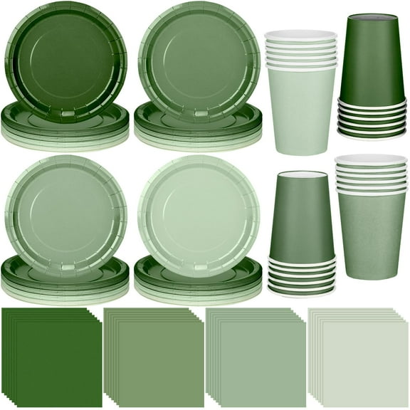 Meekoo 72 Pcs Sage Green Tableware AFN1Set - Paper Plates, Napkins and Cups for 24 - Wedding Party Supplies, Gradient Disposable Dinnerware for Birthday, Bride Shower
