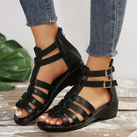 

ZHELIYO Women s sandals Casual Side Hollow Belt Buckle Flat Bottom Roman Shoes Women S Summer Sandals Fashion Women S Sandals Black 8.5