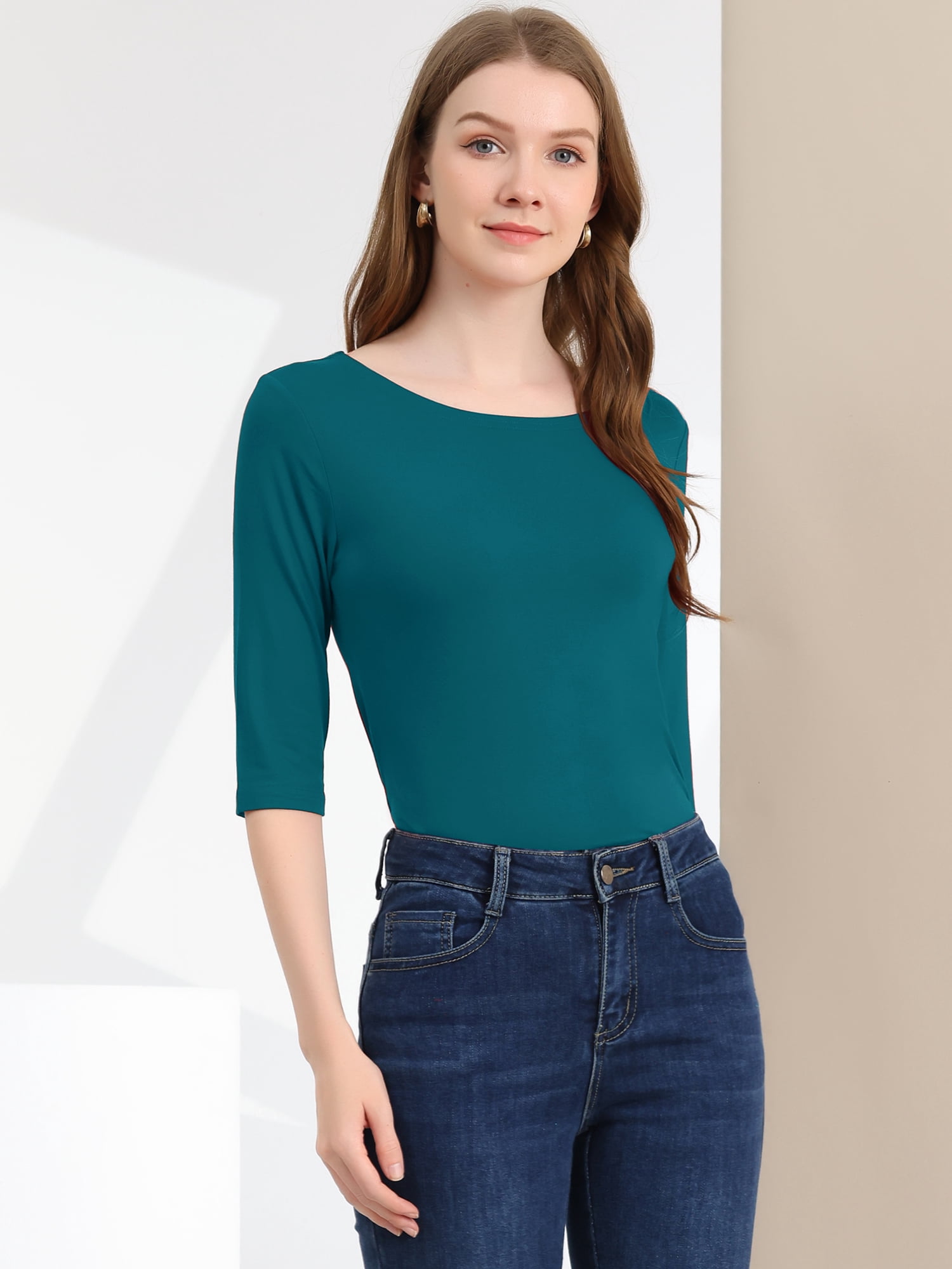 DARING DIVA Women's Elbow Sleeves Boat Neck Slim Fit Classic Tee XS Peacock Blue
