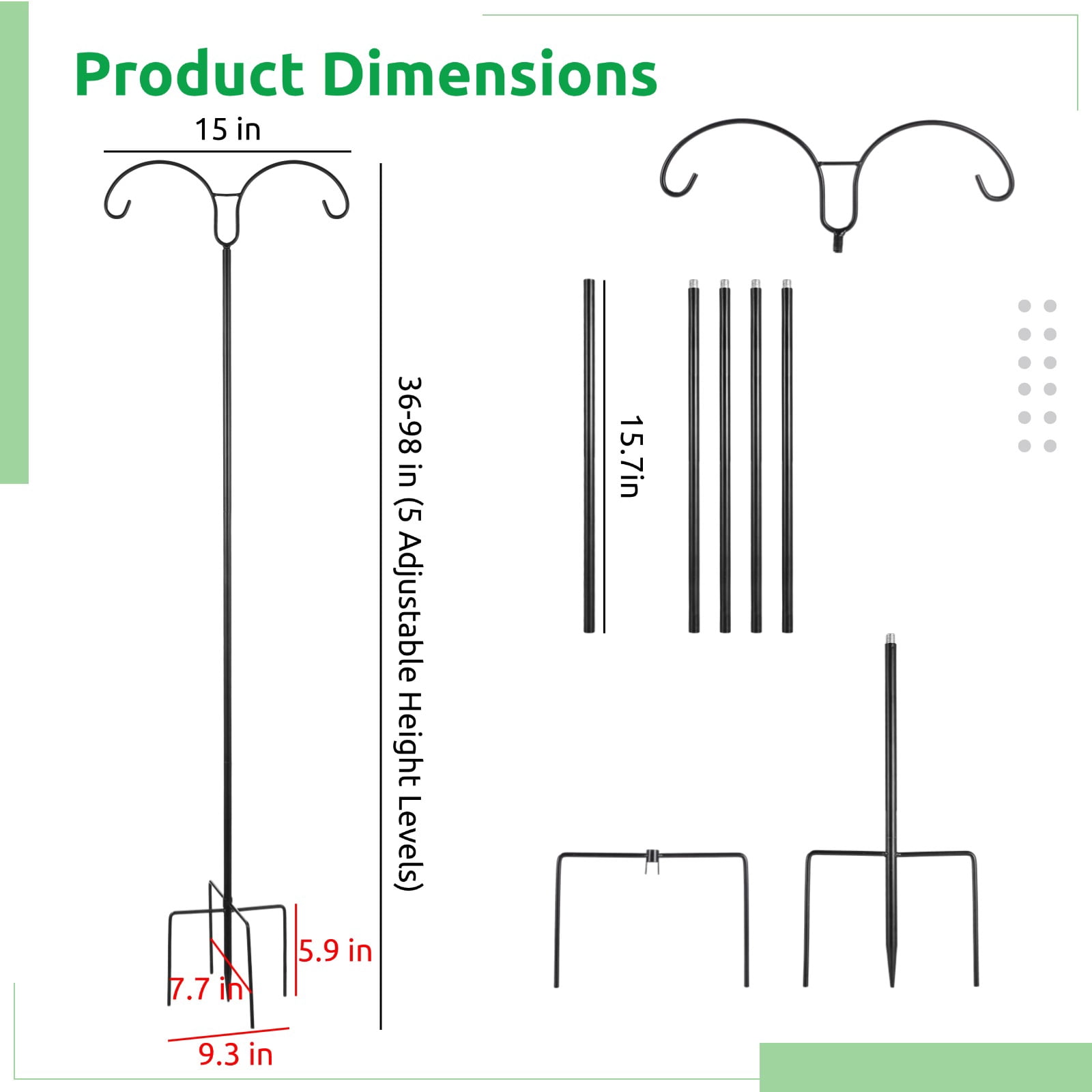 Adjustable Double Shepherds Hook for Outdoor, 98 in Heavy Duty Metal Hanger with 5-Prong Base for Bird Feeders, Two Sided Garden Pole for Hanging Baskets, Lanterns, Wind Chimes