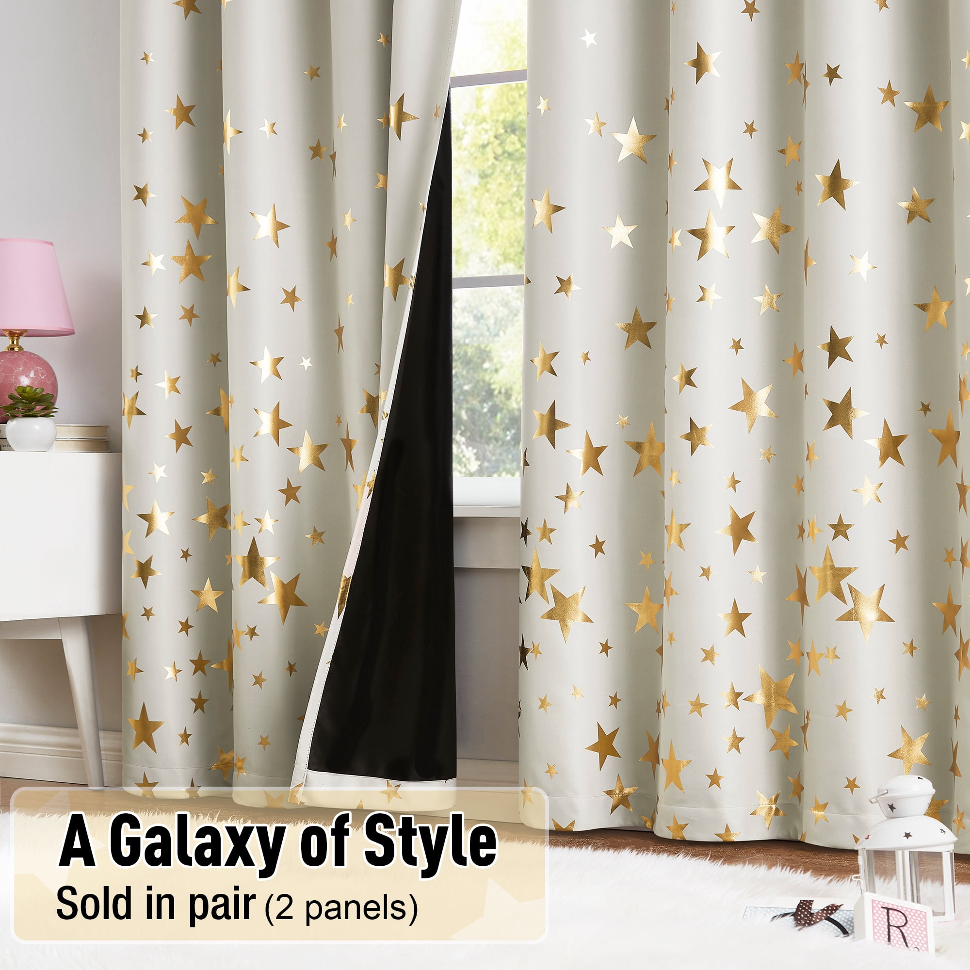Exultantex Gold Star Kids Blackout Curtain Panels for Boys Girls Thermal Insulated Printed Curtains,Grommets Top,50x63,2 Panels,Ivory