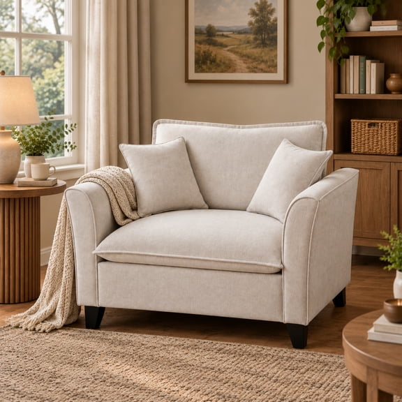 Tulib 46.5" Oversized Chenille Reading Chair with Pillows, Deep Seat Accent Chair with Solid Wood Frame for Living Room, Bedroom, Office, Beige