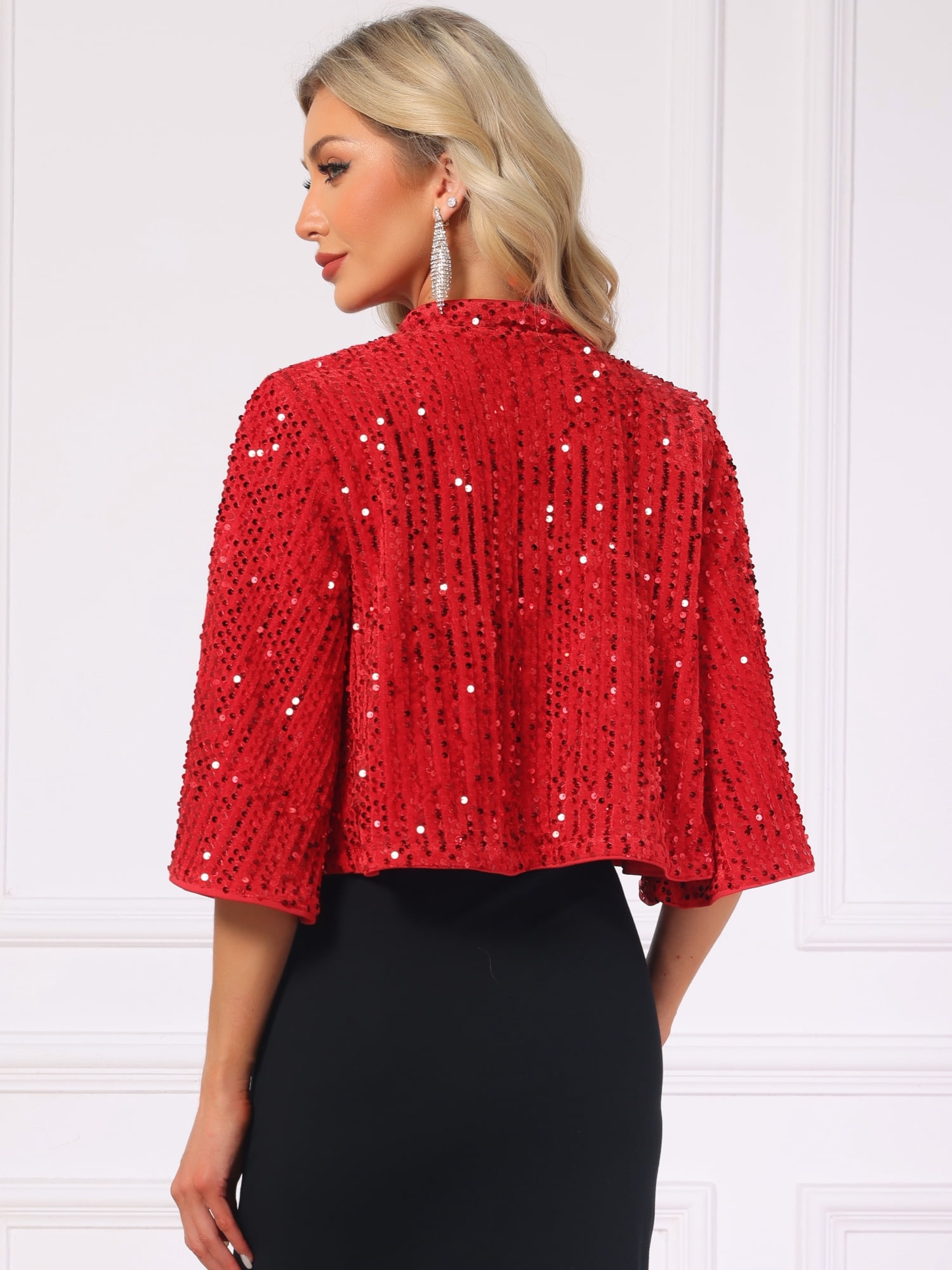 DARING DIVA Women's Sequin Jackets Velvet Capelet Cocktail Sprakly Bolero Shrugs M Red