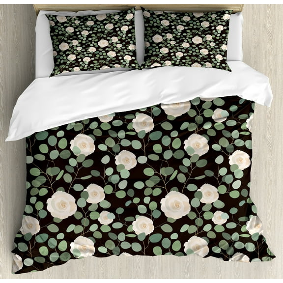Eucalyptus Duvet Cover Set, Top View Composition of Roses and Leaf Motifs Floral Ornaments, Decorative 3 Piece Bedding Set with 2 Pillow Shams, Calking Size, Dark Grey Green Champagne, by Ambesonne