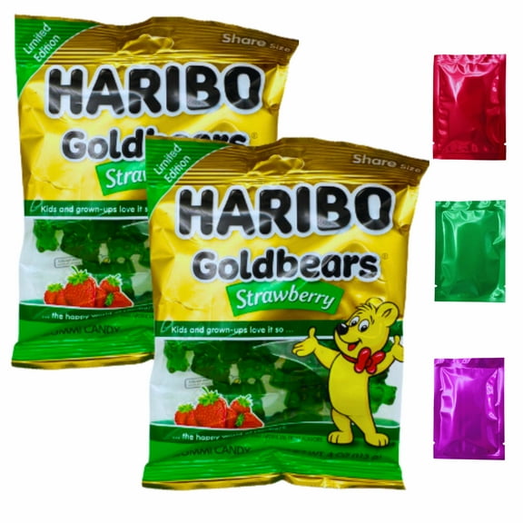 Haribo Strawberry Goldbears Gummy Bears, Share Size Limited Edition 4oz Bag (Pack of 2) Valentine Party Favors Sweet Dessert Basket Bag Fillers Stocking Stuffers with Bonus Snoep in Beperkte Oplage