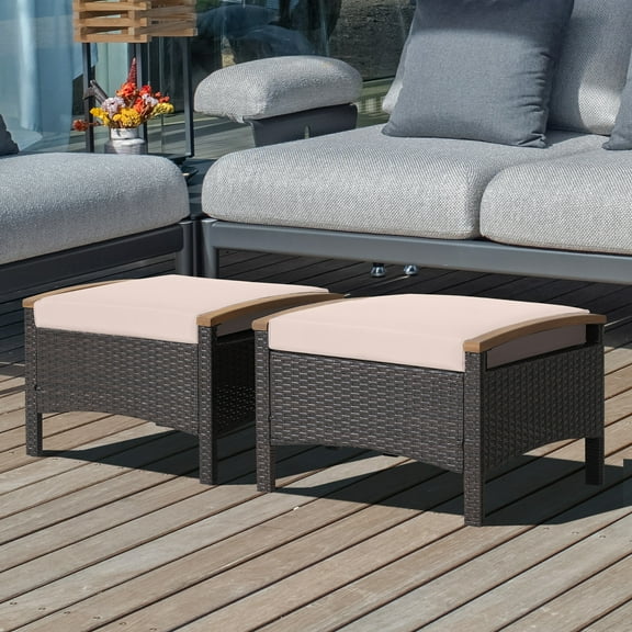 Costway Set of 2 Patio Rattan Ottoman Footrest Cushions Wooden Handle Beige