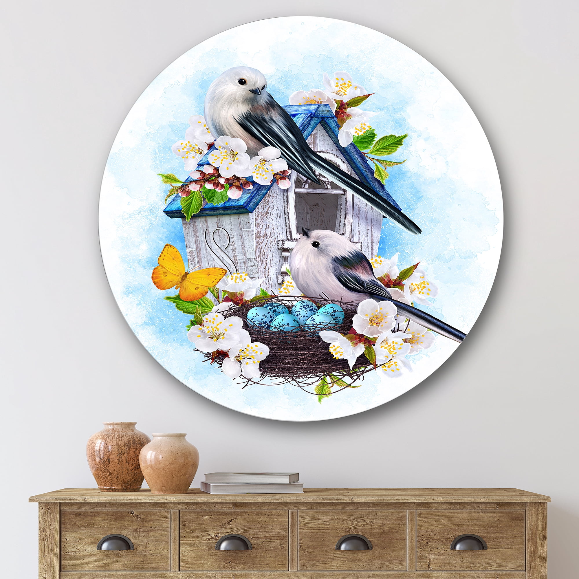 Designart 'Two Tit Birds Sitting Near The Nest With Eggs and White Flowers II' Traditional Circle Metal Wall Art 36x36 - Disc of 36