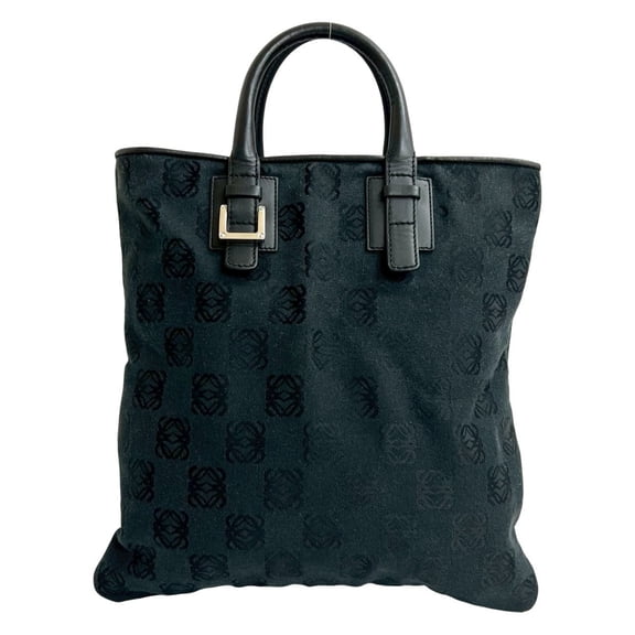 Pre-Owned LOEWE Anagram Pattern Canvas Leather Handbag Tote Bag Business Black 00051