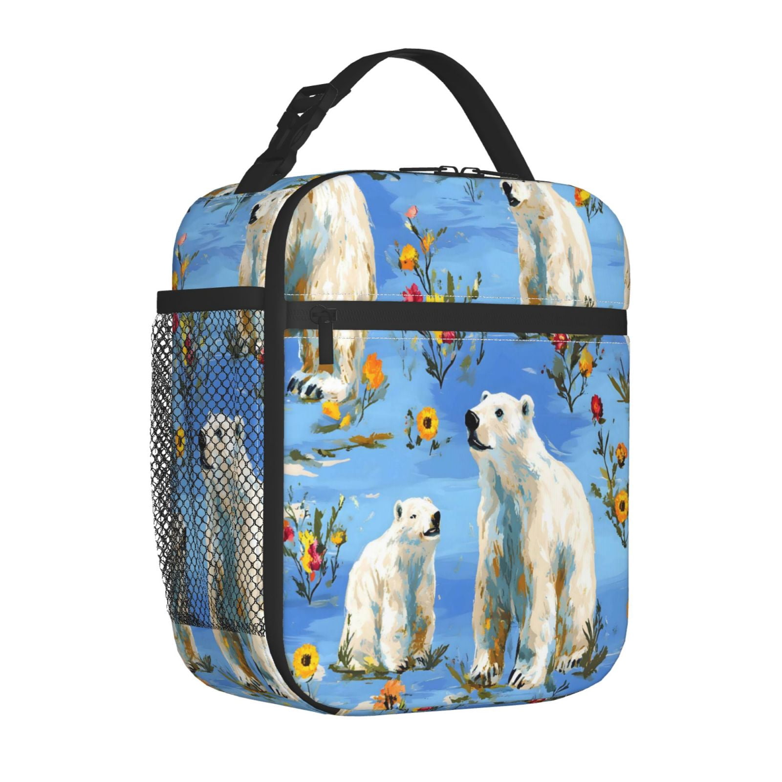 Lunch Bag For Women Men Insulated Portable Lunch Box Bento Box Office Picnic Travel Cooler Bag Polar Bear And Flower