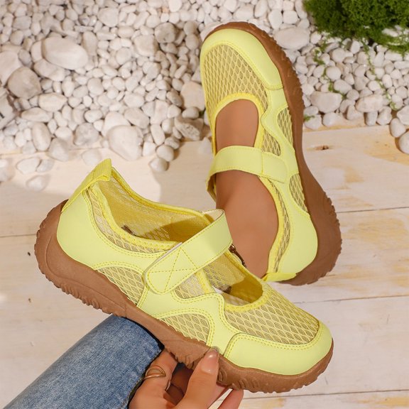 Domuza Women's Breathable Mesh Mary Jane Walking Shoes Adjustable Hook And Loop Strap Non Slip Rubber Sole Lightweight Casual Daily Outdoor Footwear Yellow 8.5(EU-41)