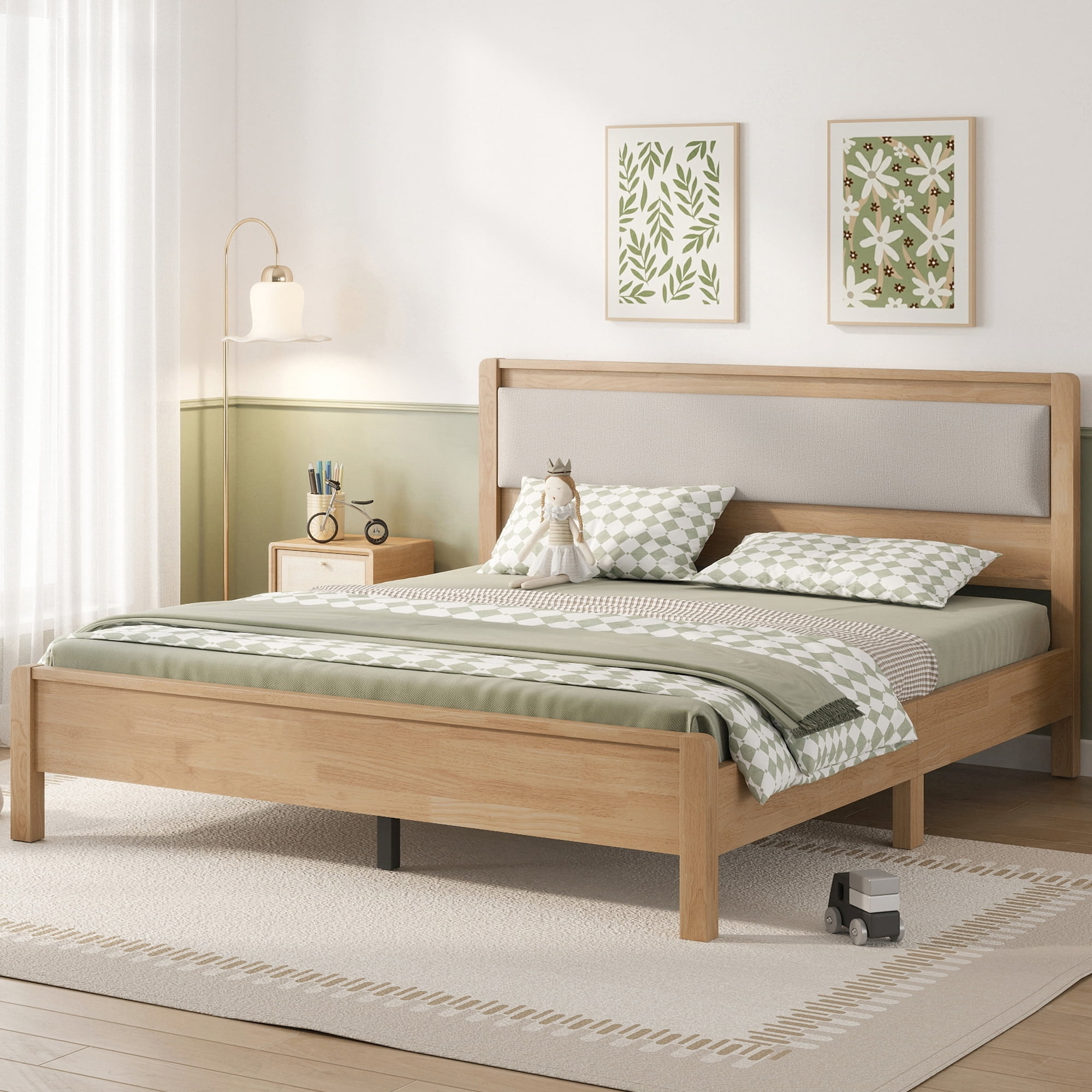 HOQBN Queen Solid Rubberwood Bed Frame with Upholstered Headboard, Reinforced Central Support Legs for Bedroom Natural