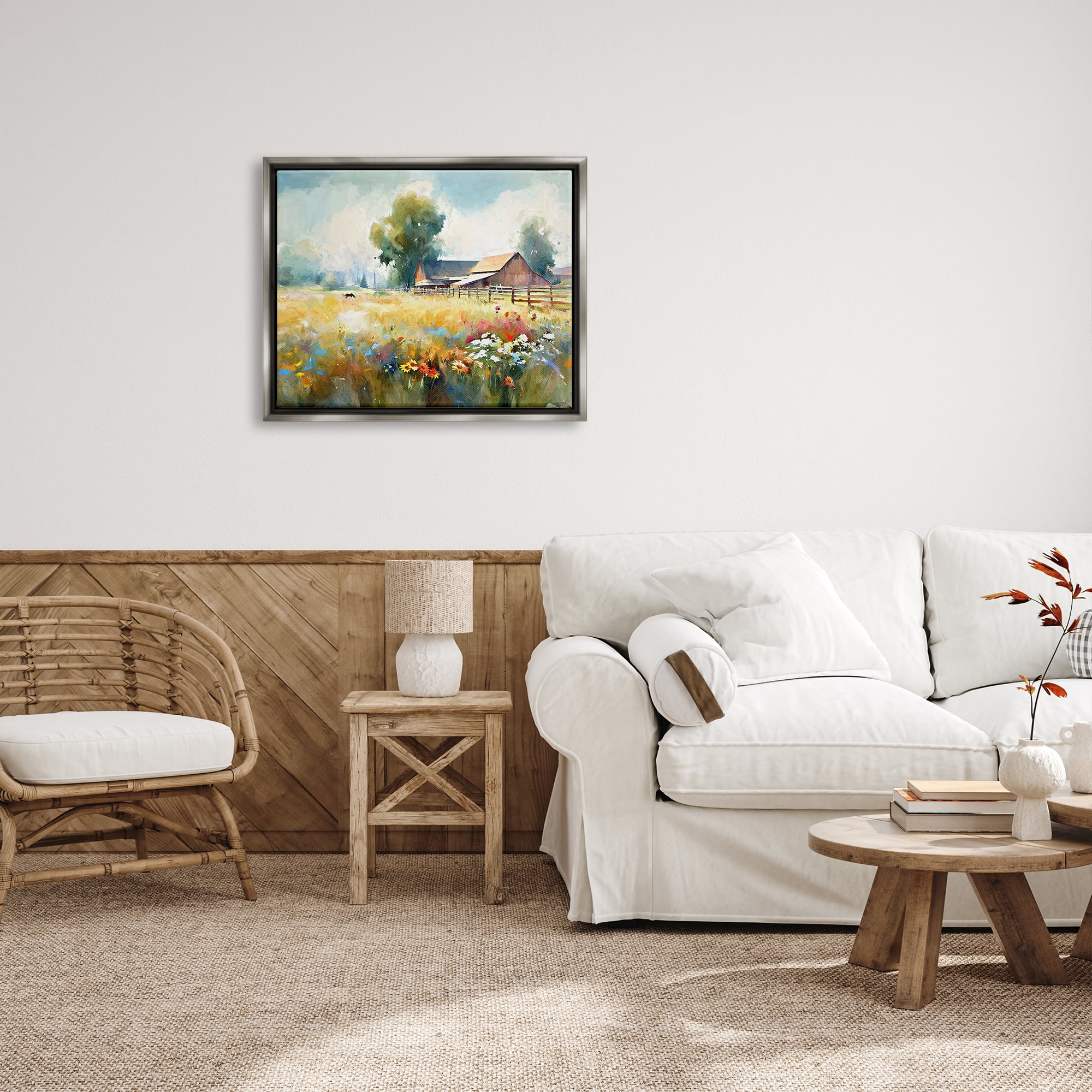 Stupell Industries Barn in Meadow Painting Landscape Painting Gray Floater Framed Canvas Art Print Wall Art, 31 x 25
