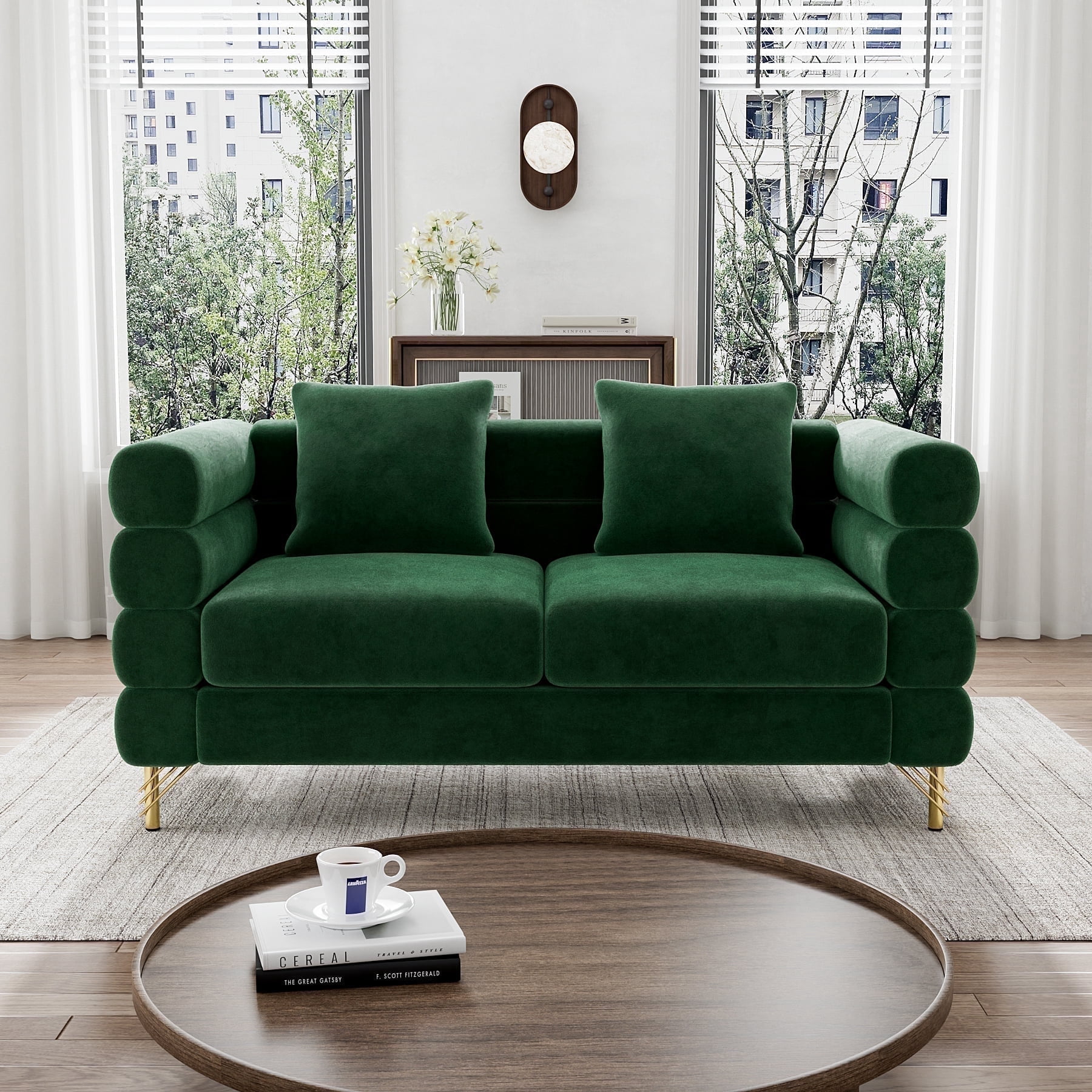 Wiilayok 59" Velvet Cloud Couch, 2 Seater Deep Seat Sofa Couches with Gold Legs,Pillows,Modern Loveseat Sofa for Living Room Bedroom Office Apartment,Emerald Green