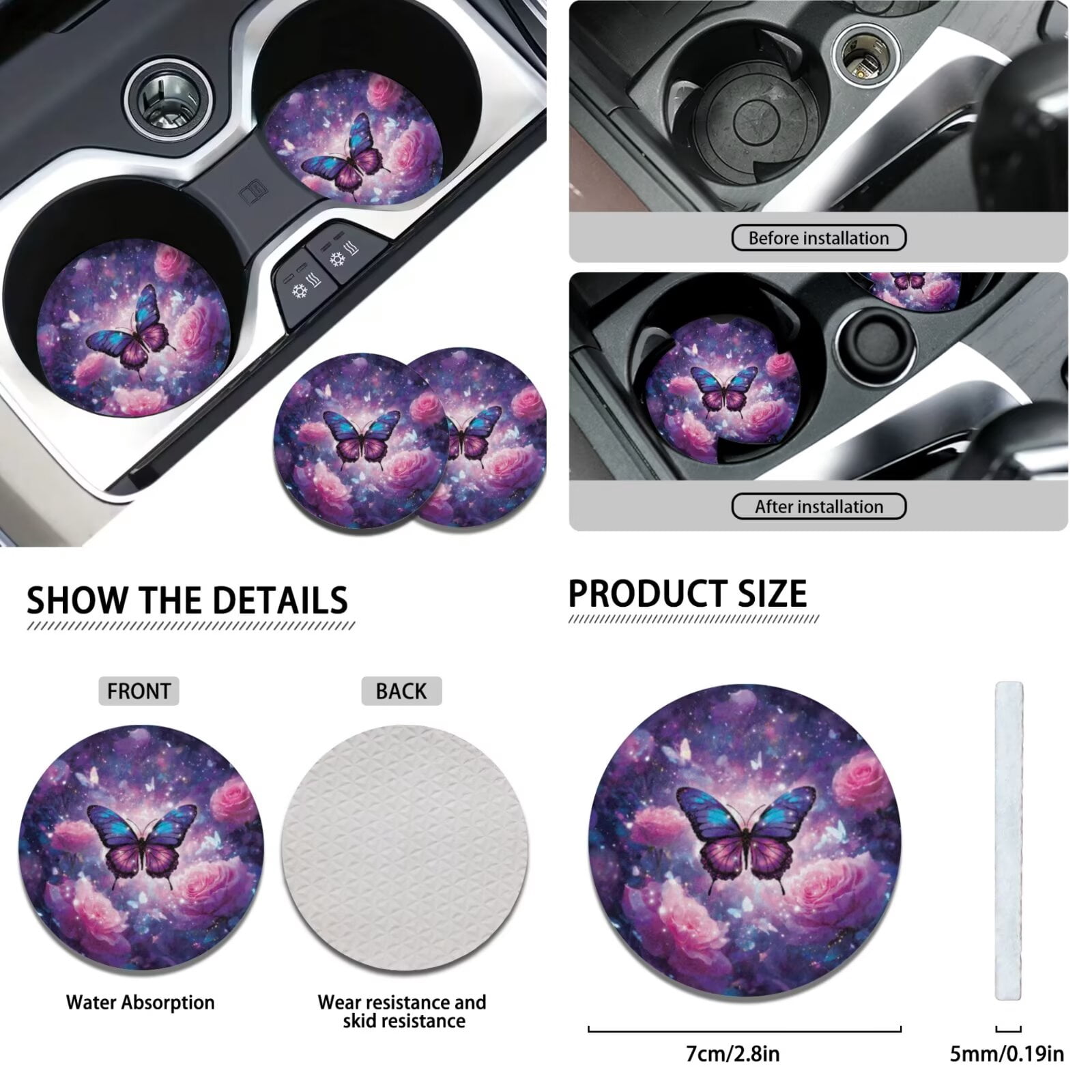 Jeiento Galaxy Sky Butterfly 11 Pack Car Seat Covers Set for Women Men, with Headrest Covers Keychain Coasters Gear Shift Knob Cover Handbrake Cover Universal Fit for SUV Truck Van