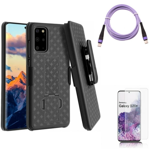 Purple 10ft PD Cable w Case Belt Clip w Screen Protector for Samsung Galaxy S20 Plus - Type-C to USB-C Fast Charger Cord Extra Long, Holster Swivel Cover, Tempered Glass fits Galaxy S20 Plus
