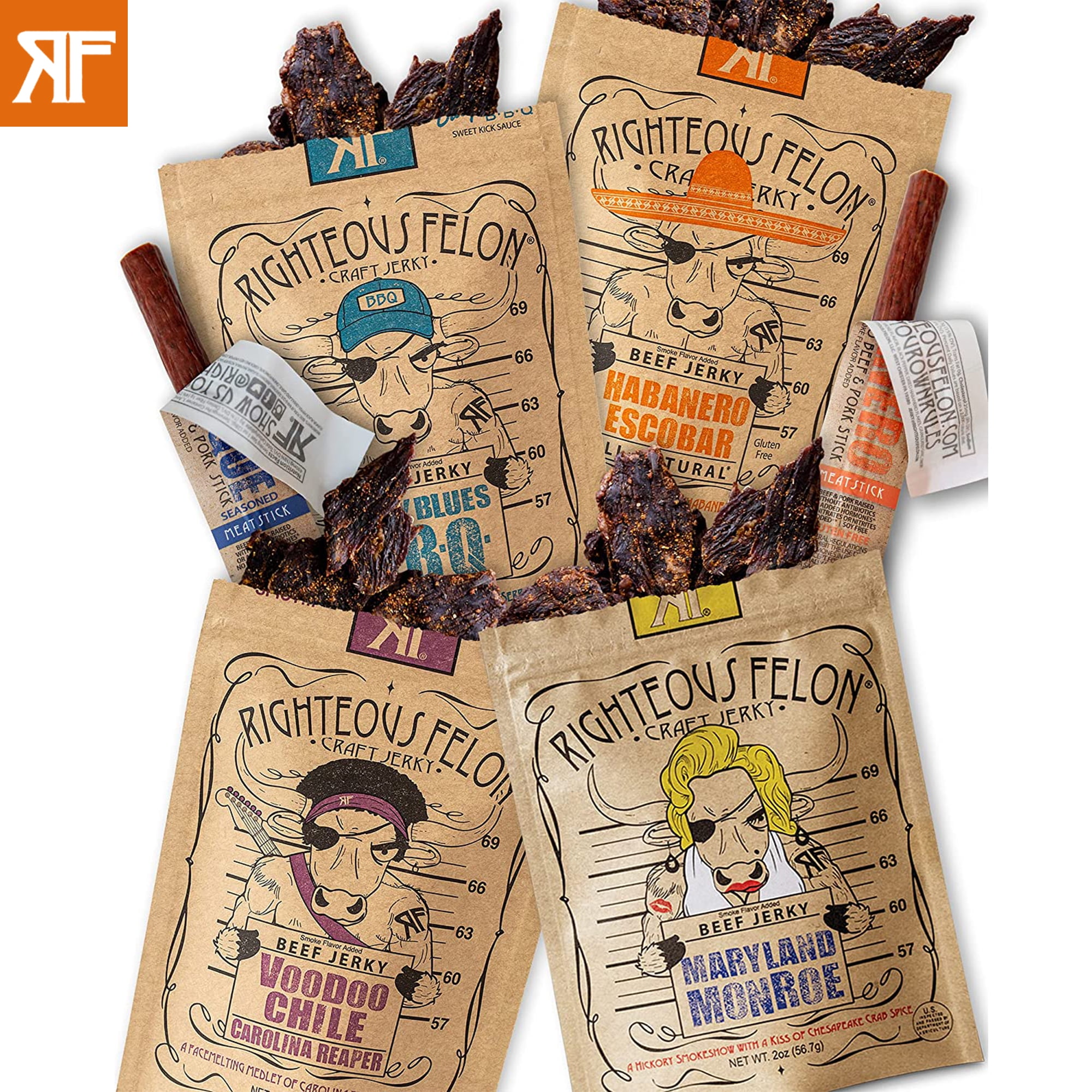 Righteous Felon Beef Jerky and Meat Sticks Variety Pack Low Calorie Gluten-Free Healthy Snacks Bundle Spicy 6 Pack