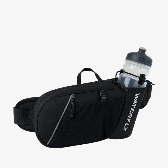 WATERFLY Unisex with Bottle Holder Running Walking Hiking Nylon Fanny Pack Waist Bag,Black