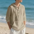 thumbnail image 4 of Men's Hooded Pullover Half Button Drawstring Long Sleeve Linen Henley Shirts Lightweight Casual Beach Blouse With Pocket (XL, Khaki), 4 of 8
