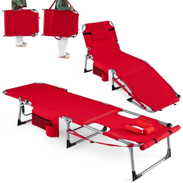 Gymax 2PCS Tanning Chair w/Face Arm Holes 4-Level Backrest & Head Pillow Side Pocket Red